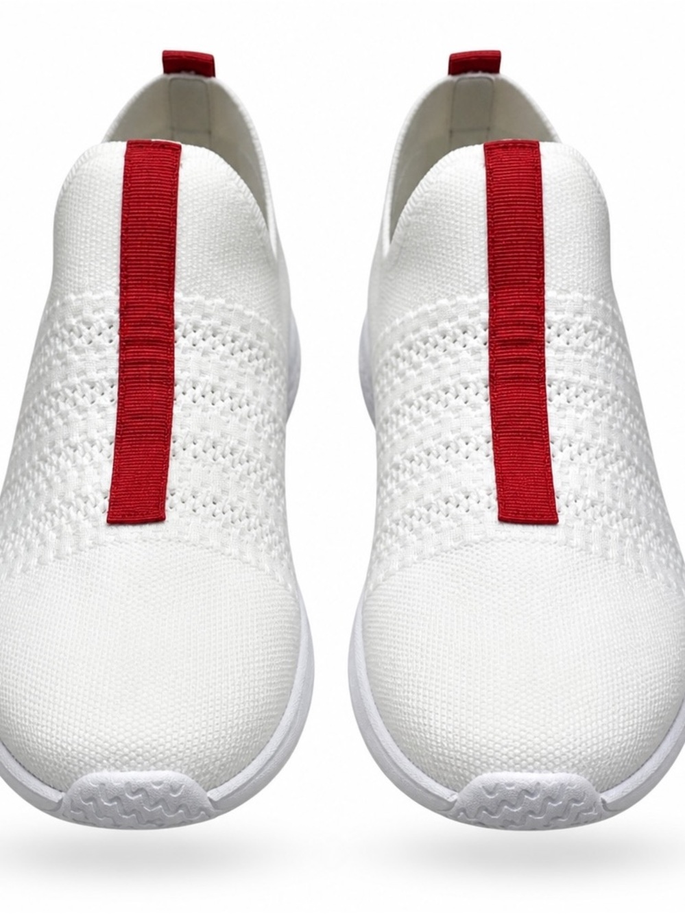 J Slides NWT sz 8 White Knit Slip-On Sneakers with Red Pull Tabs